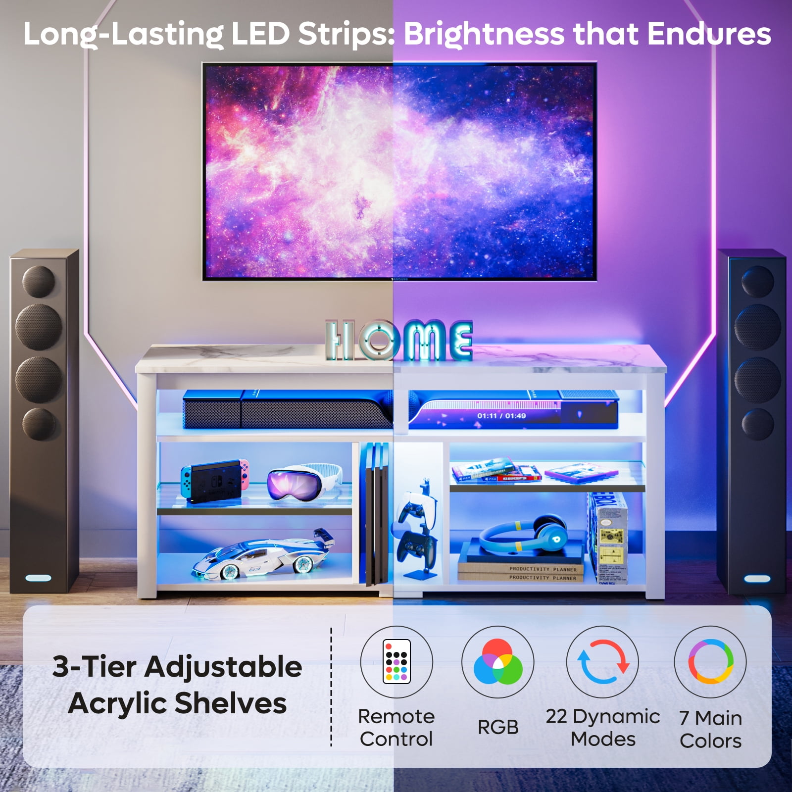 Bestier Tall TV Stand for 65" TVs,Entertainment Center with PS5 Storage,LED TV Stands for Living Room,TV console with Adjustable Storage Shelf,White Marble TV Stand