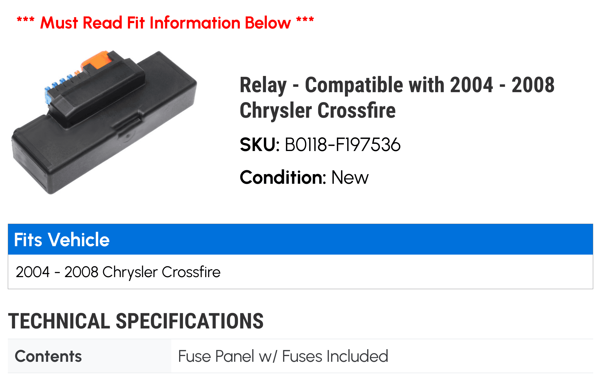 Relay - Compatible with 2004 - 2008 Chrysler Crossfire 2005 2006 2007