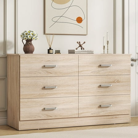 Winkalon 6 Drawer Oak Double Dresser,Wood Storage Cabinet with Easy Pull Out Handles for Living Room,Chest of Drawers for Bedroom