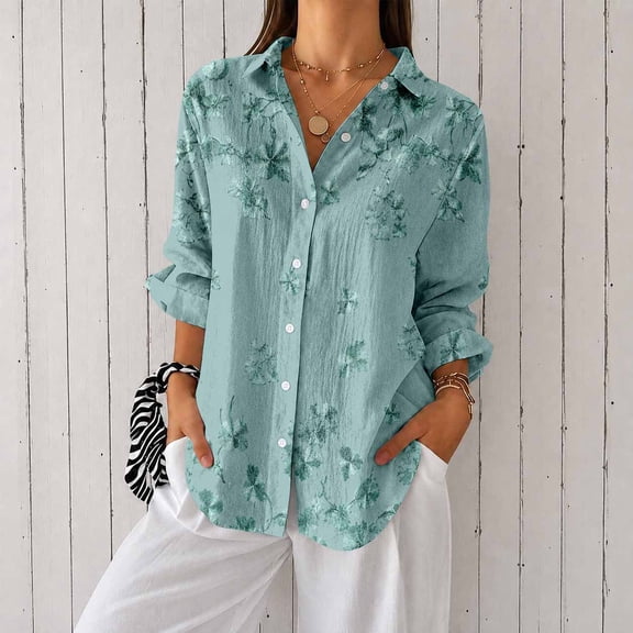 Women's Plus Size Subtle Floral Print Button Down Shirt, Long Sleeve Collared Casual Blouse
