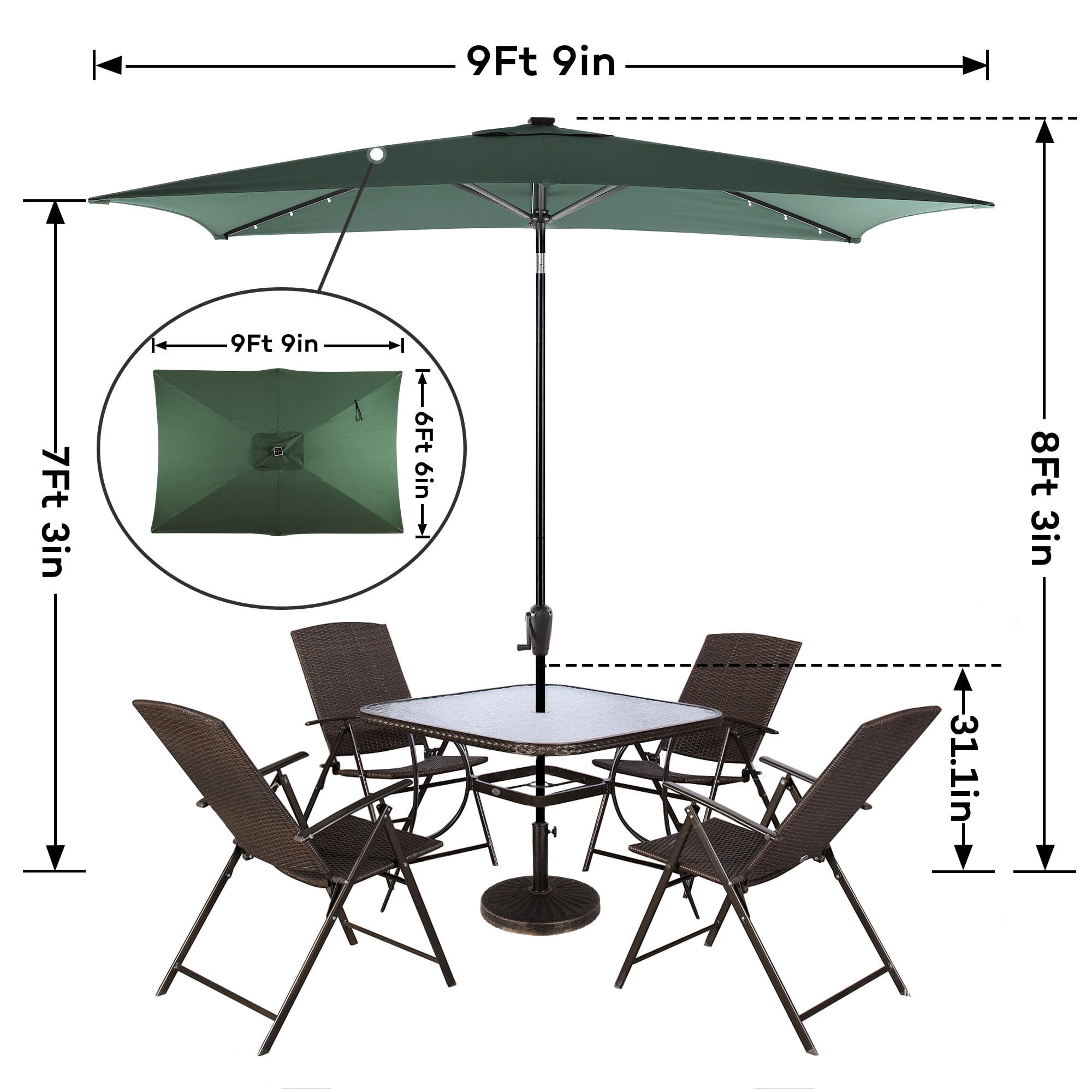 Sun-Ray 6.6x10 FT Solar LED Rectangular Patio Umbrella with Push-Button Tilt and Hand Crank Canopy Lift, Table Umbrella with Solution Dyed Navy Fabric for Porch, Deck, Garden, and Swimming Pool, Green