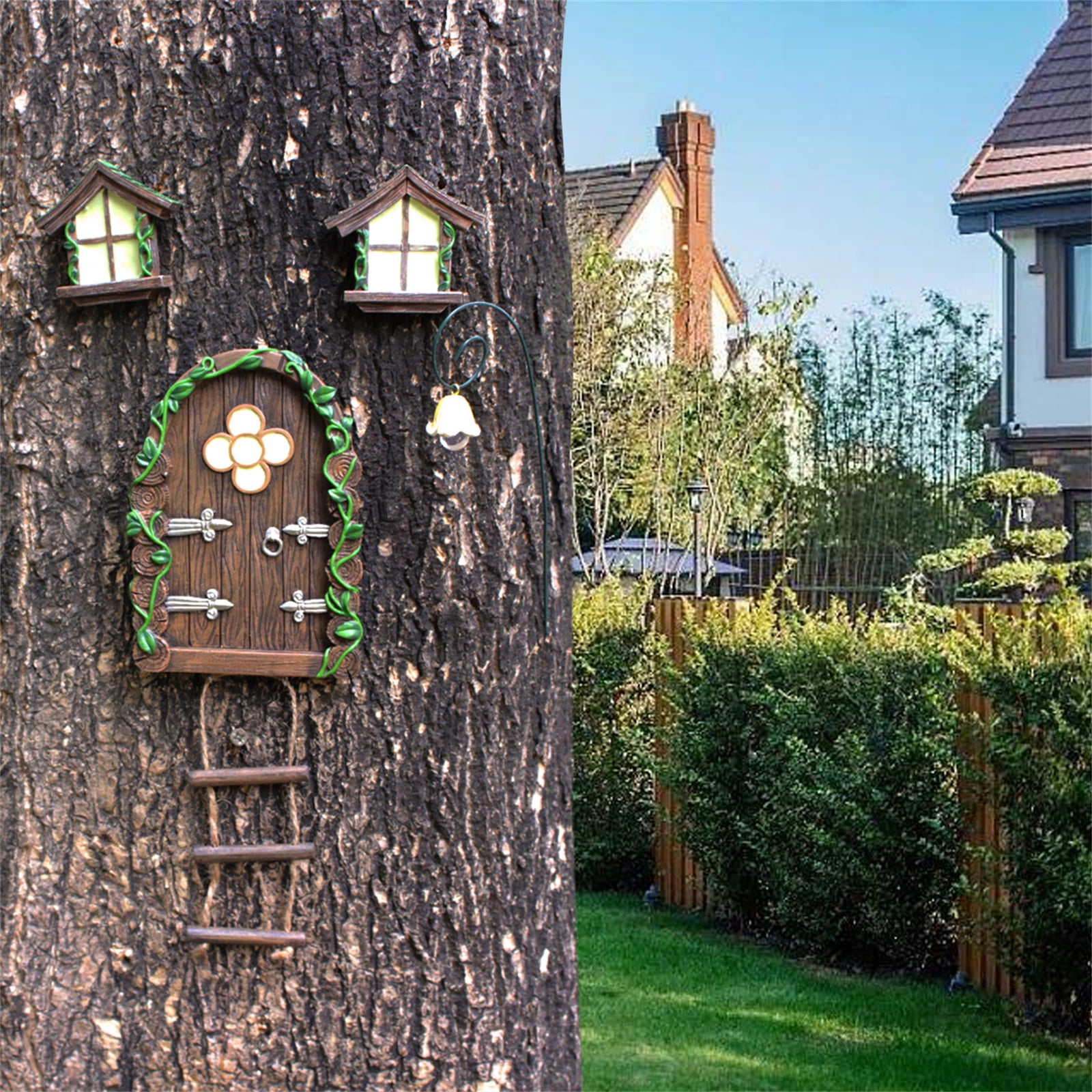 Fairy Door for Trees Miniature Fairy Garden with Fairy Lamp Glow in Dark Yard Art Sculptures Home Indoor Outdoor