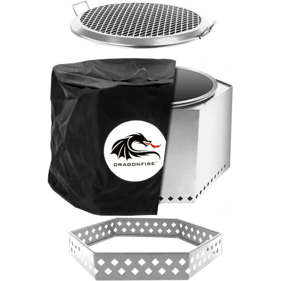 Dragonfire Smokeless Firepit, Accessories Included: Grill Grate, Base Stand, and Weatherproof Cover. Wood Pellet/Log Burning Large Outdoor Fire Pit. Stainless Steel, 23.5 Inch Backyard Patio Size.