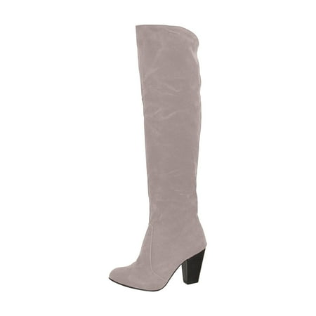 

Fesfesfes Fuzzy Boots for Women Slip-on High Heels Solid Color Winter Warm Knee High Round Toe Suede US:6.5(38)