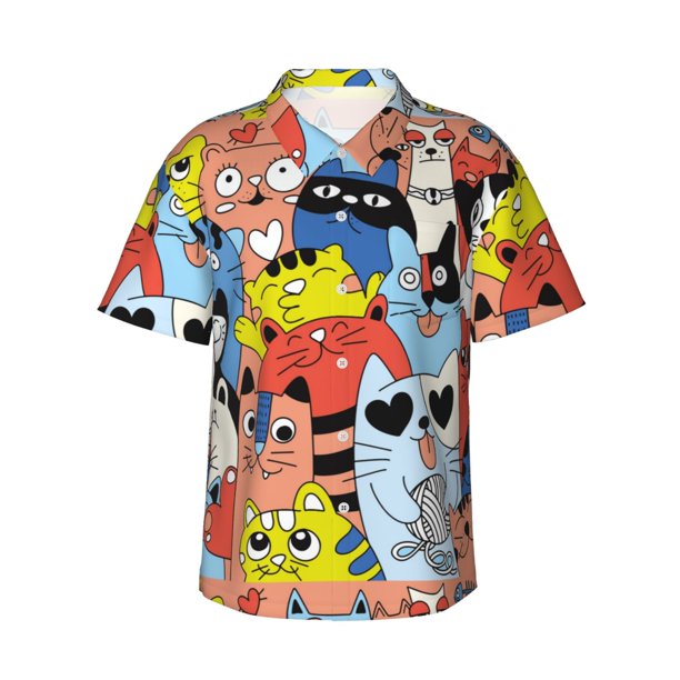 Balery Funny Cats Camisas hawaianas de manga corta para hombre, camisas playeras de corte holgado, camisas de vacaciones con botones,Large