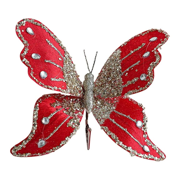 Kuntesetty Butterfly Clip Christmas Ornament Decoration Indoor Home Glitter Decorative Red