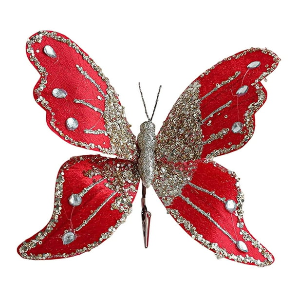 Adorno navideño de mariposa con pinza, centro de mesa para interiores, decoración para árbol de Navidad, artificial Rojo