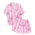 thumbnail image 4 of Womens Pajamas Set Bow Print Satin Pajama Set Short Sleeve Casual Button Down Top with Shorts Soft Valentine's Nightwear Silk Pajamas for Women Pink L, 4 of 4