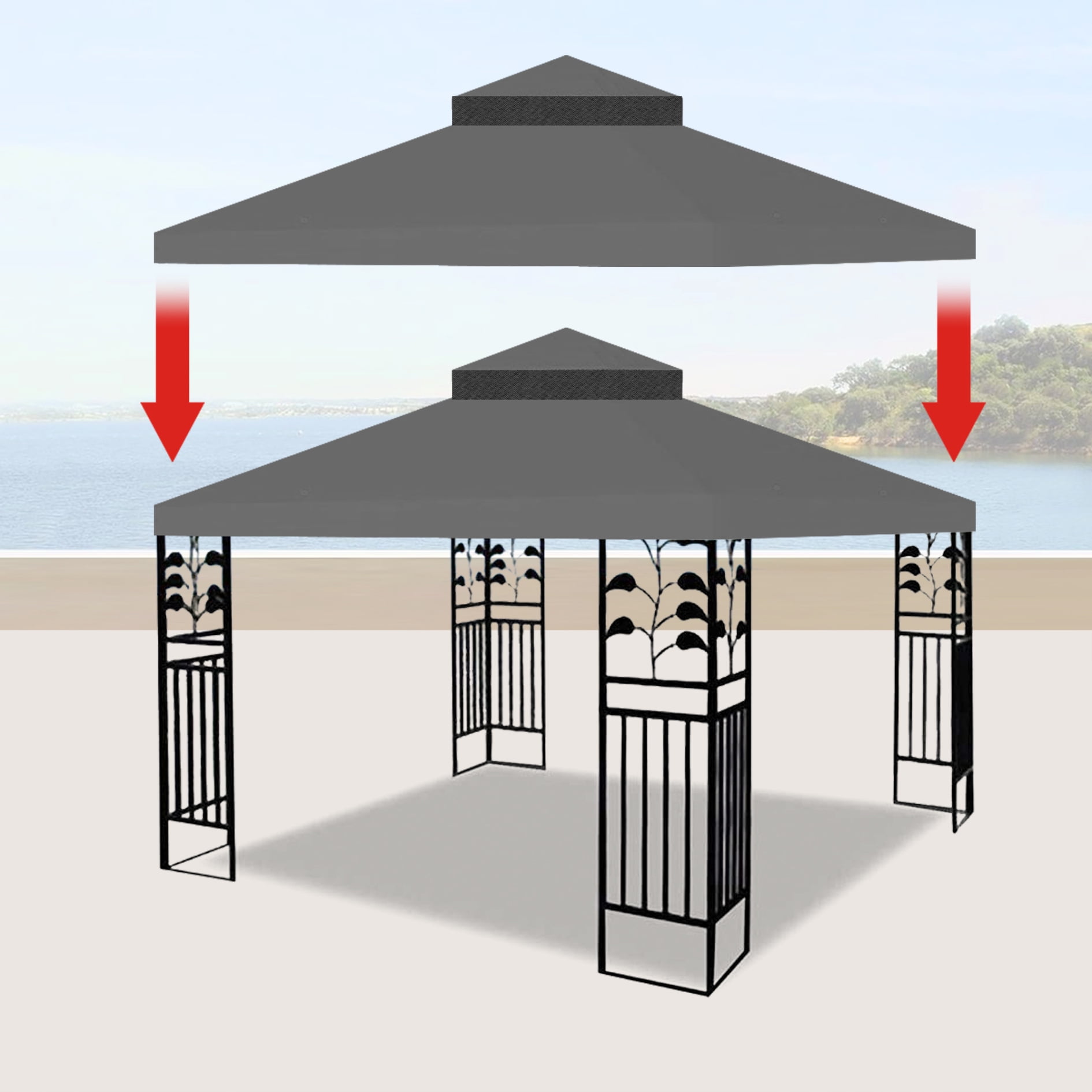 10x10 Replacement Gazebo Cover, Double Roof Gazebo Top with Net, UV Resistant & Waterproof Outdoor Gazebo Canopy for Garden Patio Lawns Parties, Gray