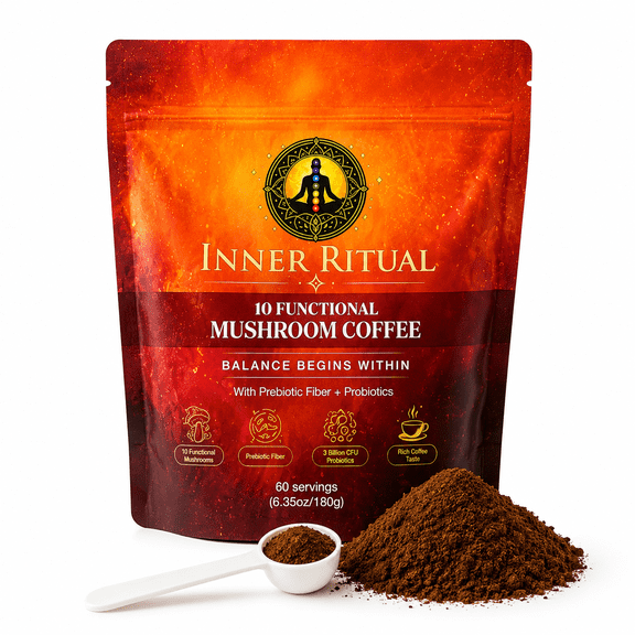 Inner Ritual Functional Mushroom Coffee, 10 Mushroom Extract Blend with Prebiotic Fiber and Probiotics, Rich Arabica Coffee, 60 Servings