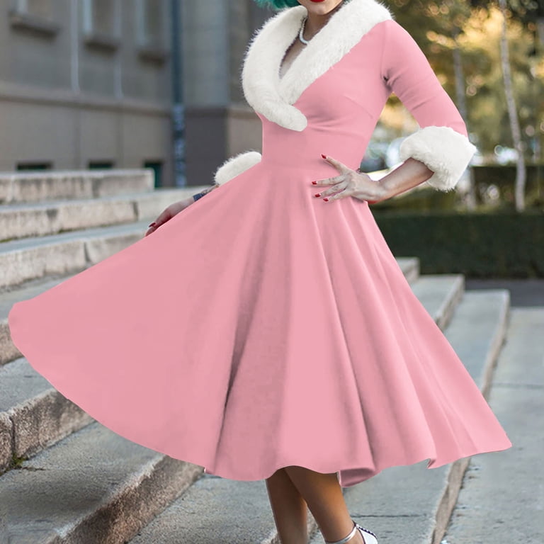 sachin and babi light blue dress FAVIPT Womens Christmas Dress Vintage Dresses Long Sleeve Furry V Neck  Swing Party Dresses Xmas Cocktail Dress Party Holiday Dress 2025 Pink,XL