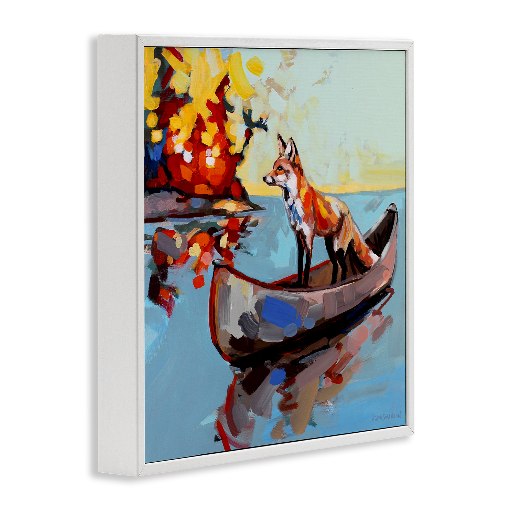 Fox's Voyage on Canoe White Framed Giclee Art, design by Adam Swanson