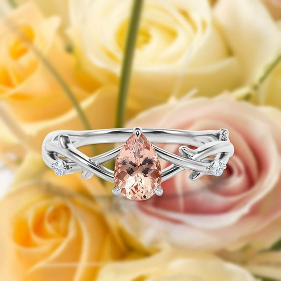Boho & hippie 1.10 Carat Pear Cut Morganite And Diamond Moissanite Unique Engagement Ring, Wedding Ring, Inspired And Branch Ring in 925 Sterling Silver With 18k White Gold Plating Gift For Her