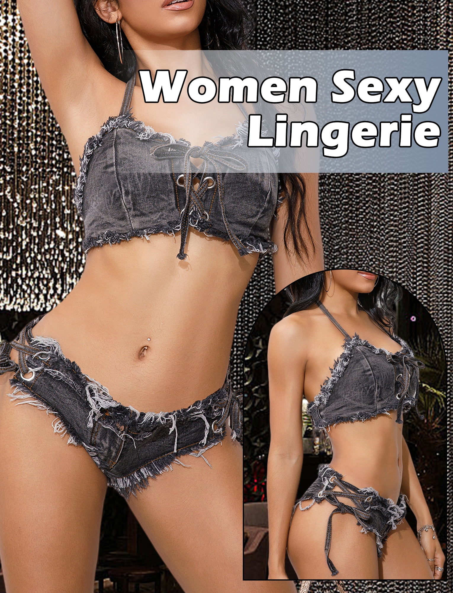 Ausing Womens Lingerie Set Denim Bikini Strappy Bra and Hot Shorts Adjustable Halter Neck Pool Party Nightclub Gray-Black M