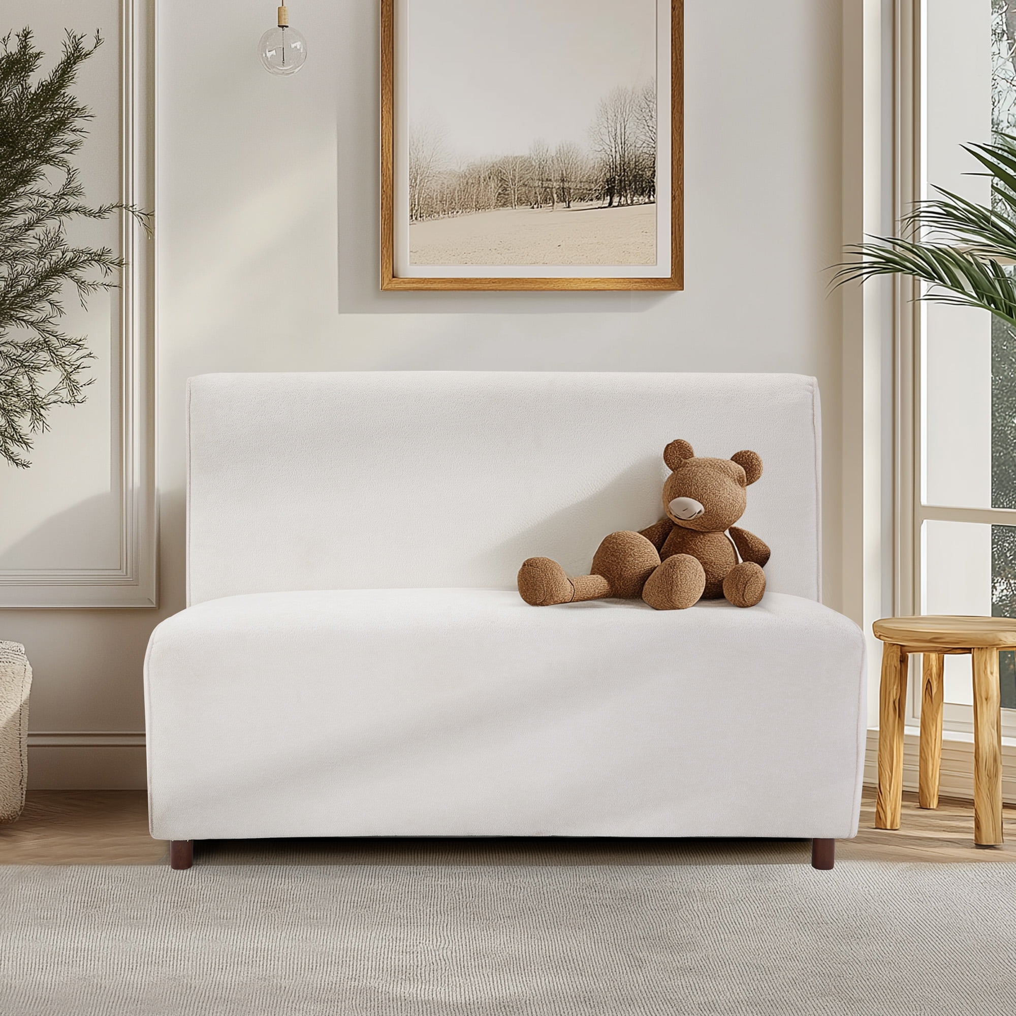 49-Inch Boucle Fabric Loveseat Sofa with 25D High-Density Sponge Cushion, Modern Curved Backrest Couch with Light Wood Legs, Compact Loveseat for Living Room Apartment, Beige