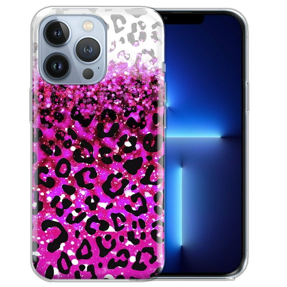 FINCIBO Soft TPU Clear Case Slim Protective Cover for Apple iPhone 13 Pro 6.1" 2021 (NOT FIT iPhone 13 mini 5.4"/iPhone 13 6.1"/iPhone 13 Pro Max 6.7" 2021), Pink Glitter With Black Pink Leopard
