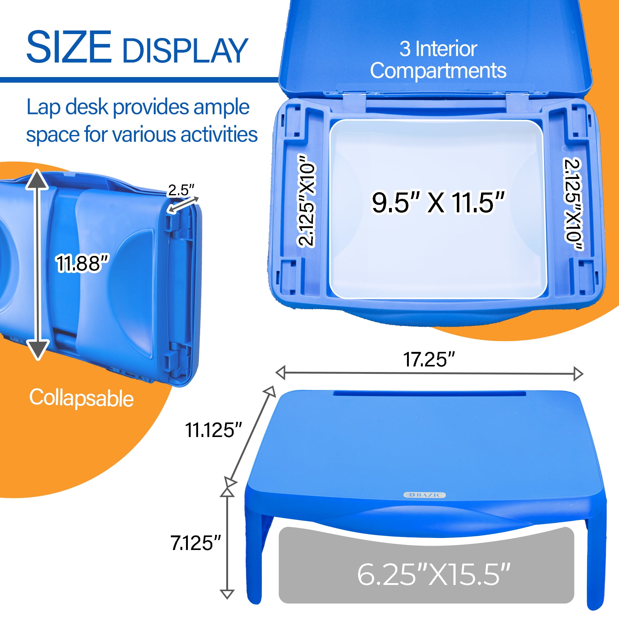 BAZIC Folding Lap Desks with Storage, Portable Plastic Lapdesk 17.5" x 11.125", Blue, 1 Unit