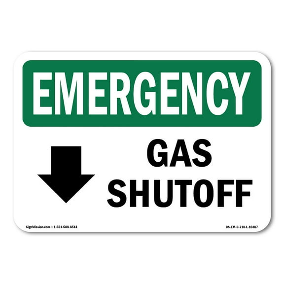 OSHA EMERGENCY Sign - Gas Shutoff [Down Arrow] With Symbol | Decal | Protect Your Business, Work Site, Warehouse & Shop Area | Made in the USA