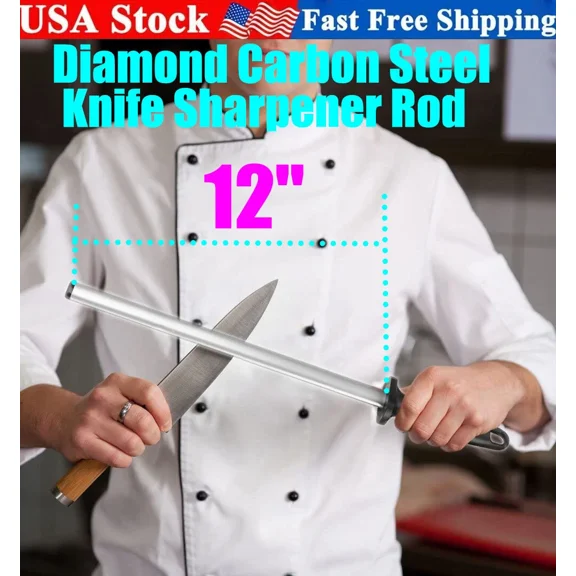 12Inch 600-Grit Diamond Carbon Steel Professional Knife Sharpener Rod Stick