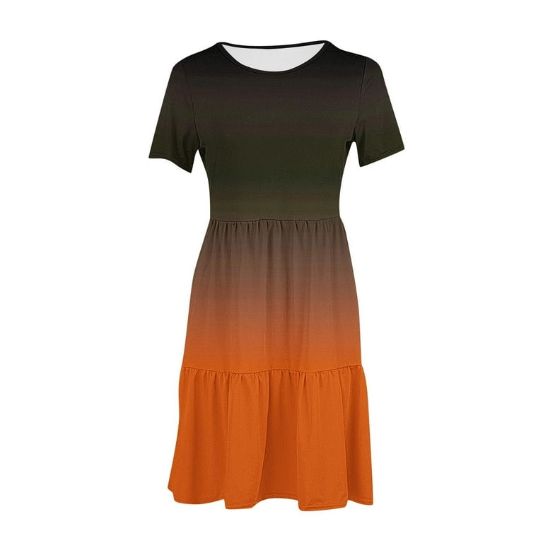 Viikei Elegant Pleated Chiffon Short Sleeve Dress,Women's Summer Casual  Short Sleeve T Shirt Dress Tiered Mini Dresses with Pockets Orange XL