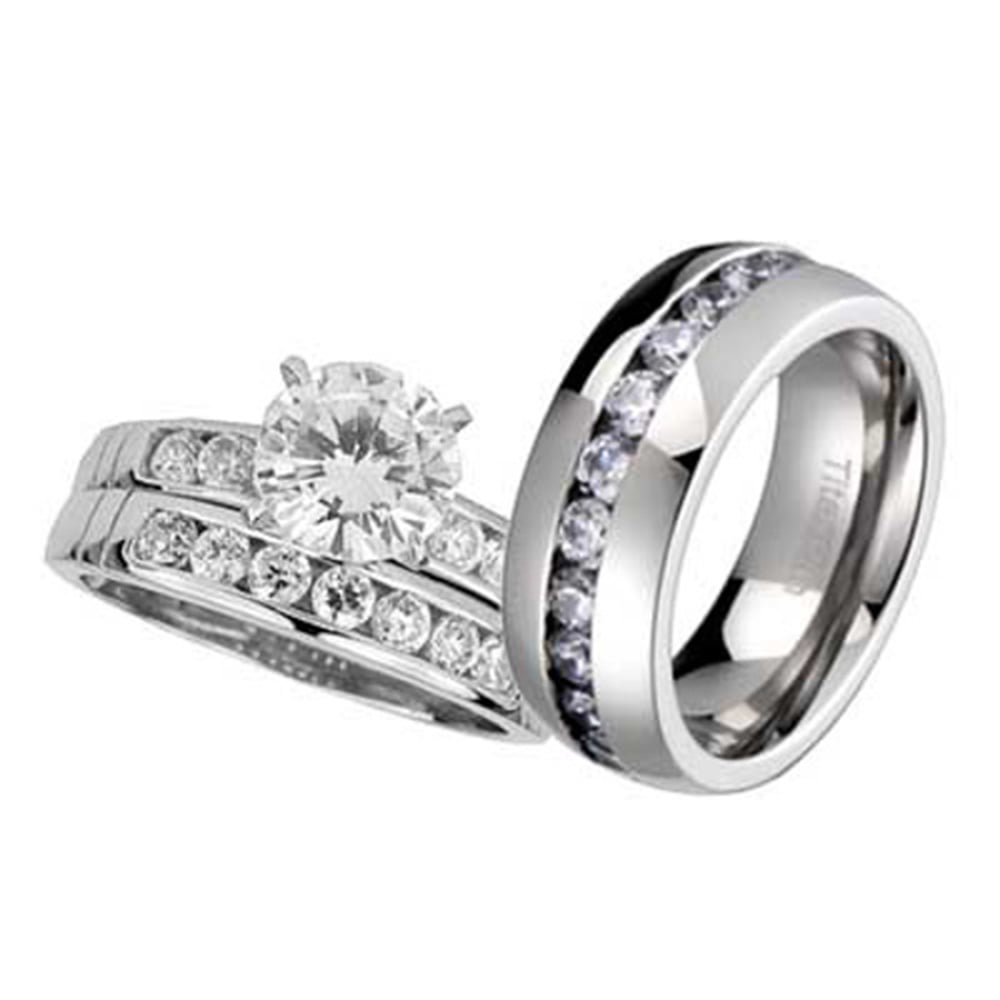 His and Hers 1.9CT Sterling Silver Cubic Zirconia Gold 2 Tone Titanium 4 pcs Bridal Ring Set 
