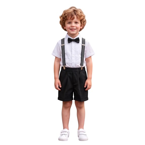 BOOMNY Boys School Uniform Outfit Sets British Short Sleeve Shirts Suspender Shorts Outfits for Kids Elegant Formal Wedding Outfits