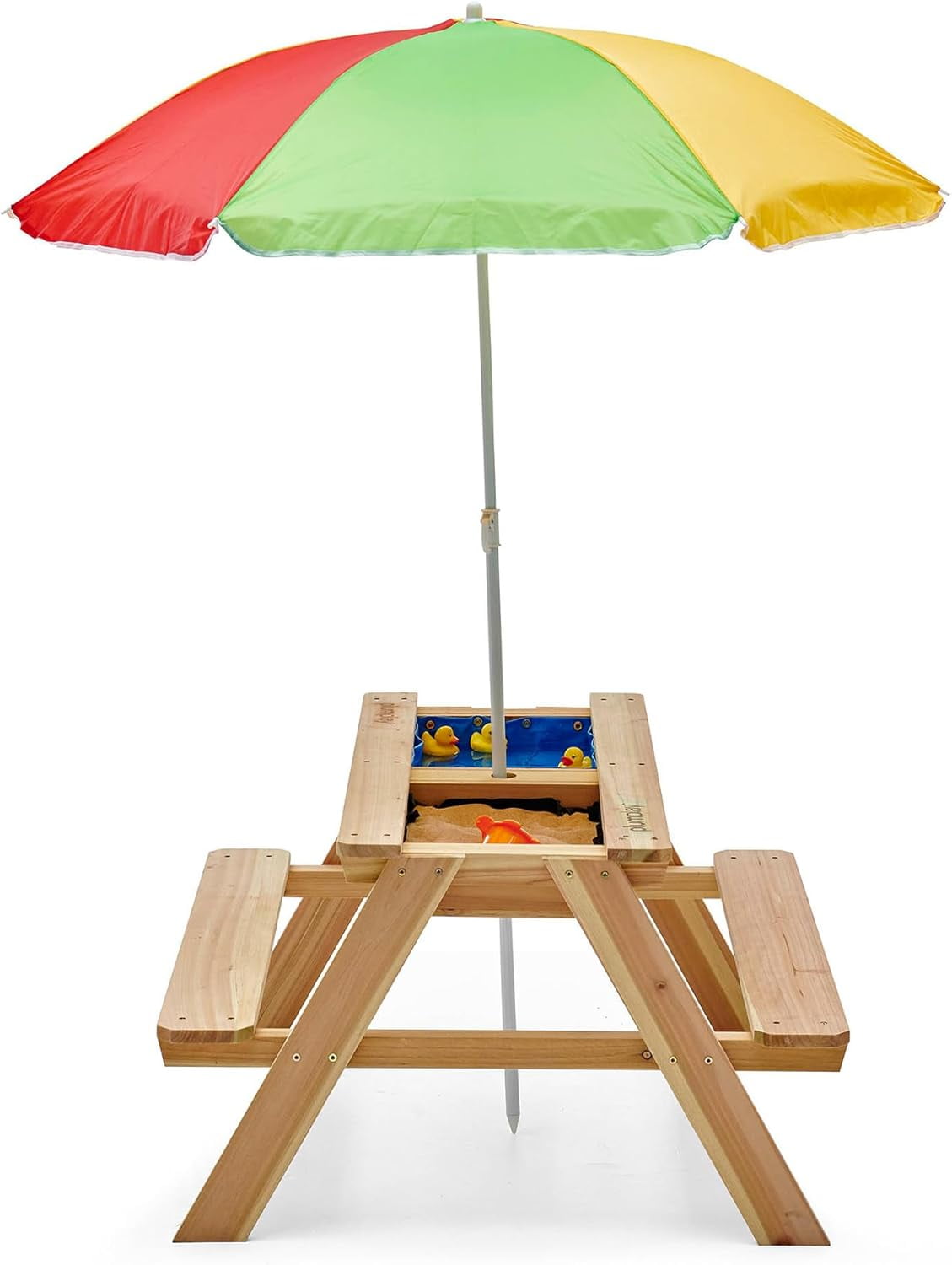 Plum® Surfside Wooden Sand and Water Table with Umbrella - Outdoor Kids Picnic Table with Adjustable Parasol and Removable Tabletop, Toddler Sensory Toys, Sturdy, Weatherproof, Easy to Clean, Ages 2+