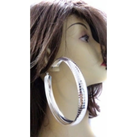 Extra Large Thick Hoop Earrings Lined Silver Tone 4 inch