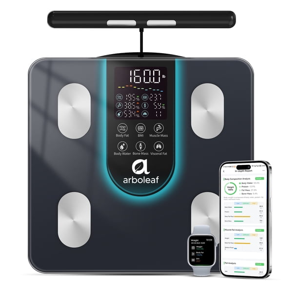 Arboleaf 8-Electrode Bluetooth Body Fat Scale – Full Body Composition Analyzer with BMI & Muscle Mass, Black