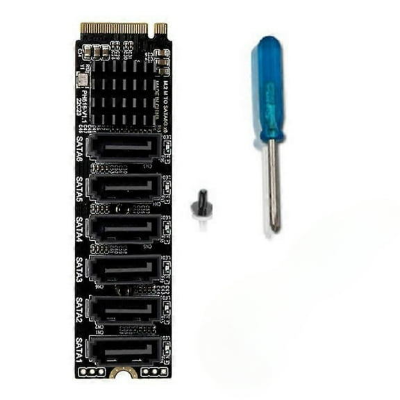 M.2 MKEY PCI-E Riser Card， M.2 NVME to SATA3.0 PCIE to SATA 6Gpbsx6-Port Expansion Card ，ASM1166 Support PM Function