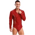 thumbnail image 3 of Kaerm Men's Sparkling Rhinestones Dance Shirt Long Sleeve Leotards Salsa Rumba Latin Dance Bodysuit Red L, 3 of 7