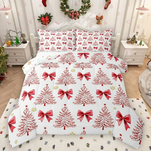 Homewish Ribbon Bow Tie Bedding Comforter Set,Merry Christmas Twin Comforter Sets,Red White Bedding Set For Kids,Breathable Home Decor Reversible,2-Piece