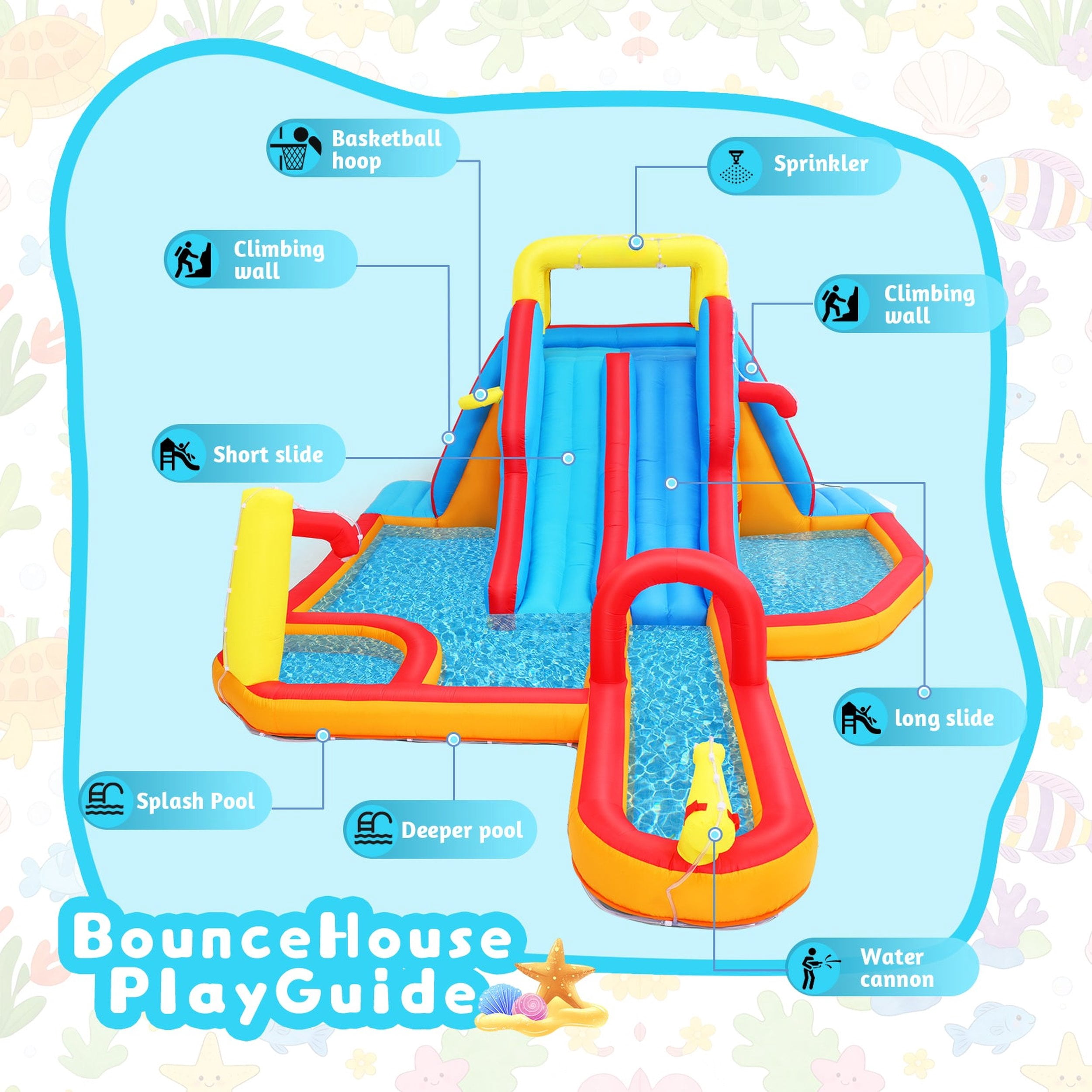Funcid Inflatable Bounce with Water Slide, 19.3X14Ft Bounce House, Extra Long Side with Splash Pooll, Blow Up Water Slides Inflatables for Kids Backyard, No Blower
