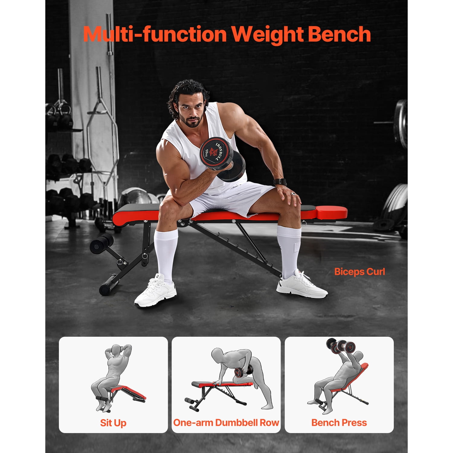 KFFKFF Strength Training Bench, 660lbs Capacity Adjustable Workout Bench for Comprehensive Body Exercise, Home Gym Fitness Sit-up Bench, Flat Bench with Extended Head/Neck Safety & Swift Folding