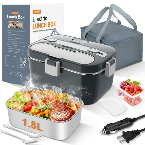 Portable 1.8L Electric Lunch Box, 100W Fast Heating Warmer for Car Office Travel, Stainless Steel Meal Heater with Salad Compartment, Gray