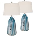 thumbnail image 2 of 360 Lighting Carlton Modern Coastal Table Lamps 28" Tall Set of 2 Swirling Blue Faux Marble White Tapered Drum Shade for Bedroom Living Room Bedside, 2 of 8