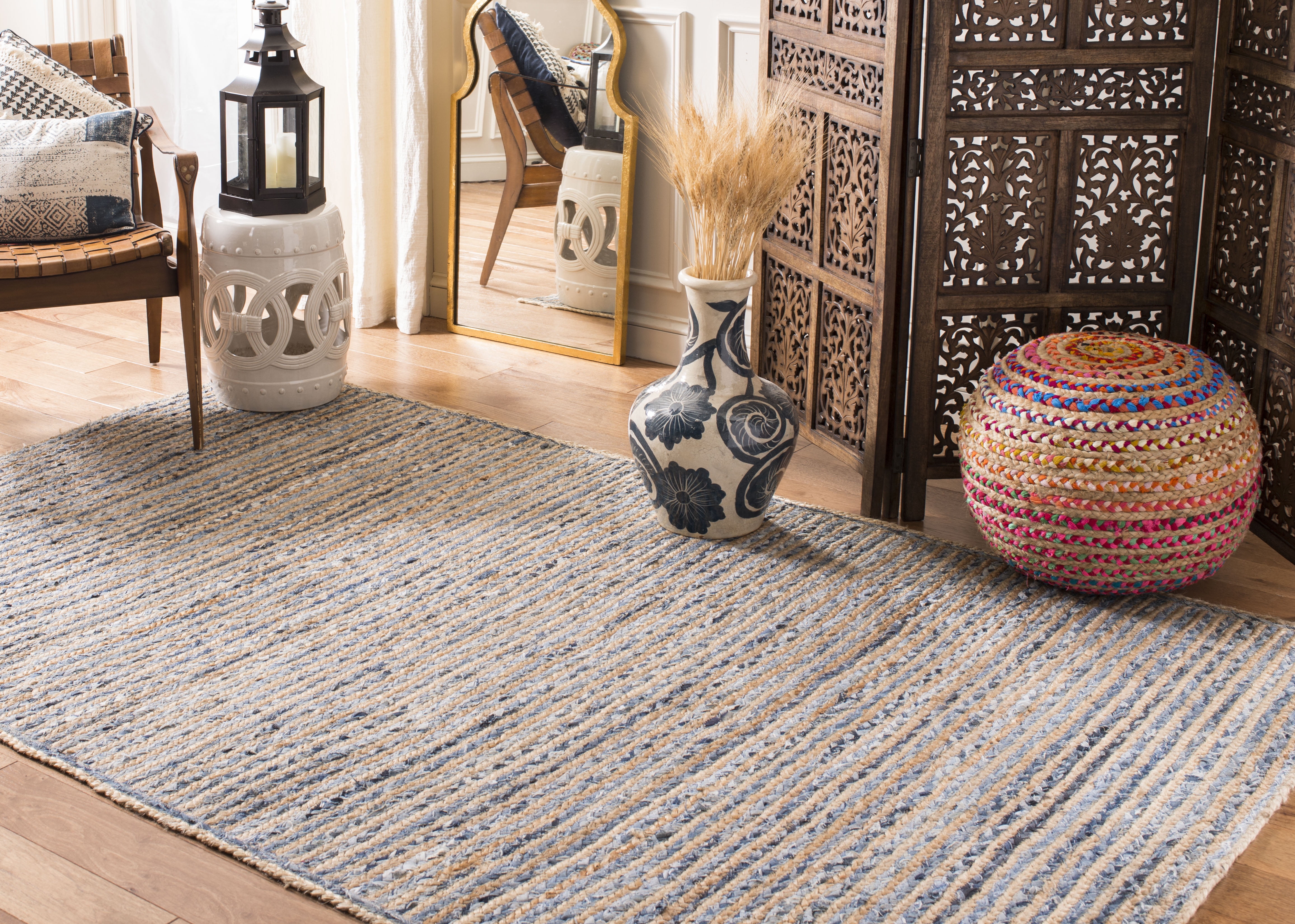 SAFAVIEH Cape Cod Andrina Geometric Area Rug, Natural/Blue, 5' x 5' Square