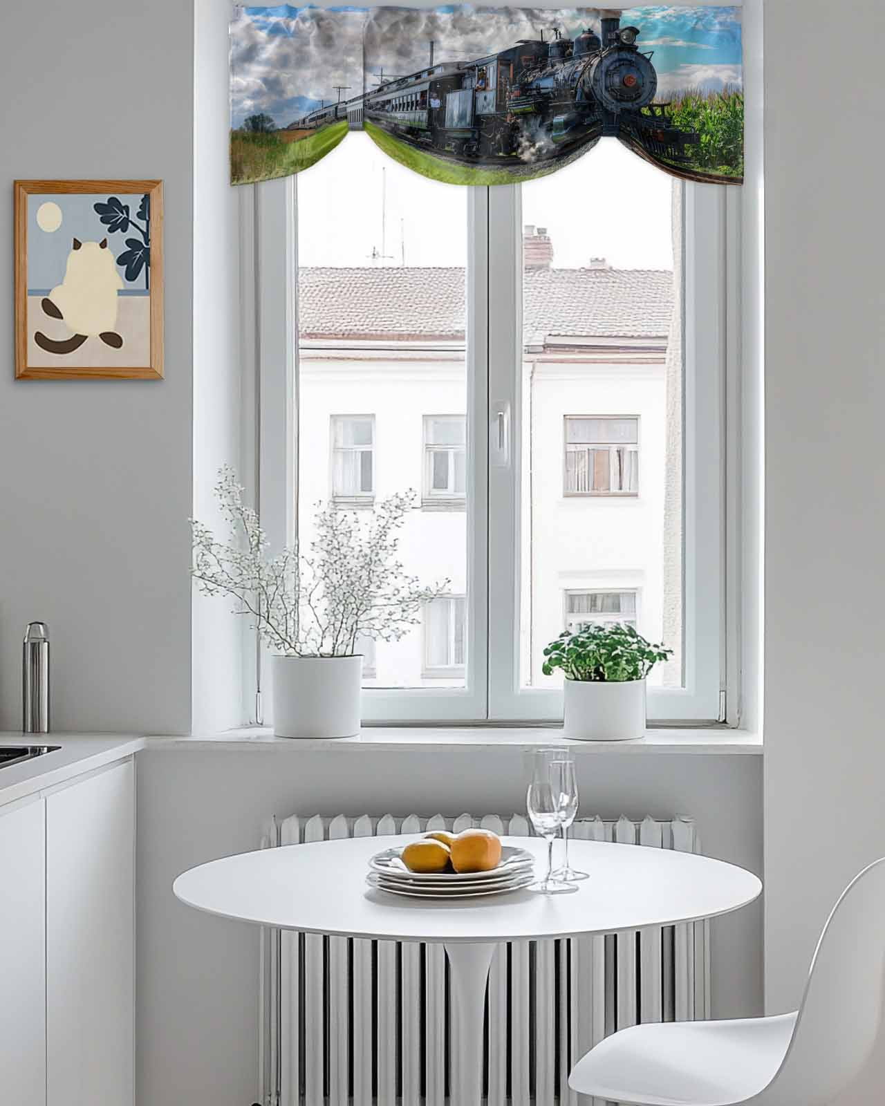 Steam Train Tie Up Valances Curtain, Adjustable Kitchen Railways Trees Landscape Modern Valances for Windows Decor, Rod Pocket Short Curtains Set for Bedroom/Bathroom, 54"x18"