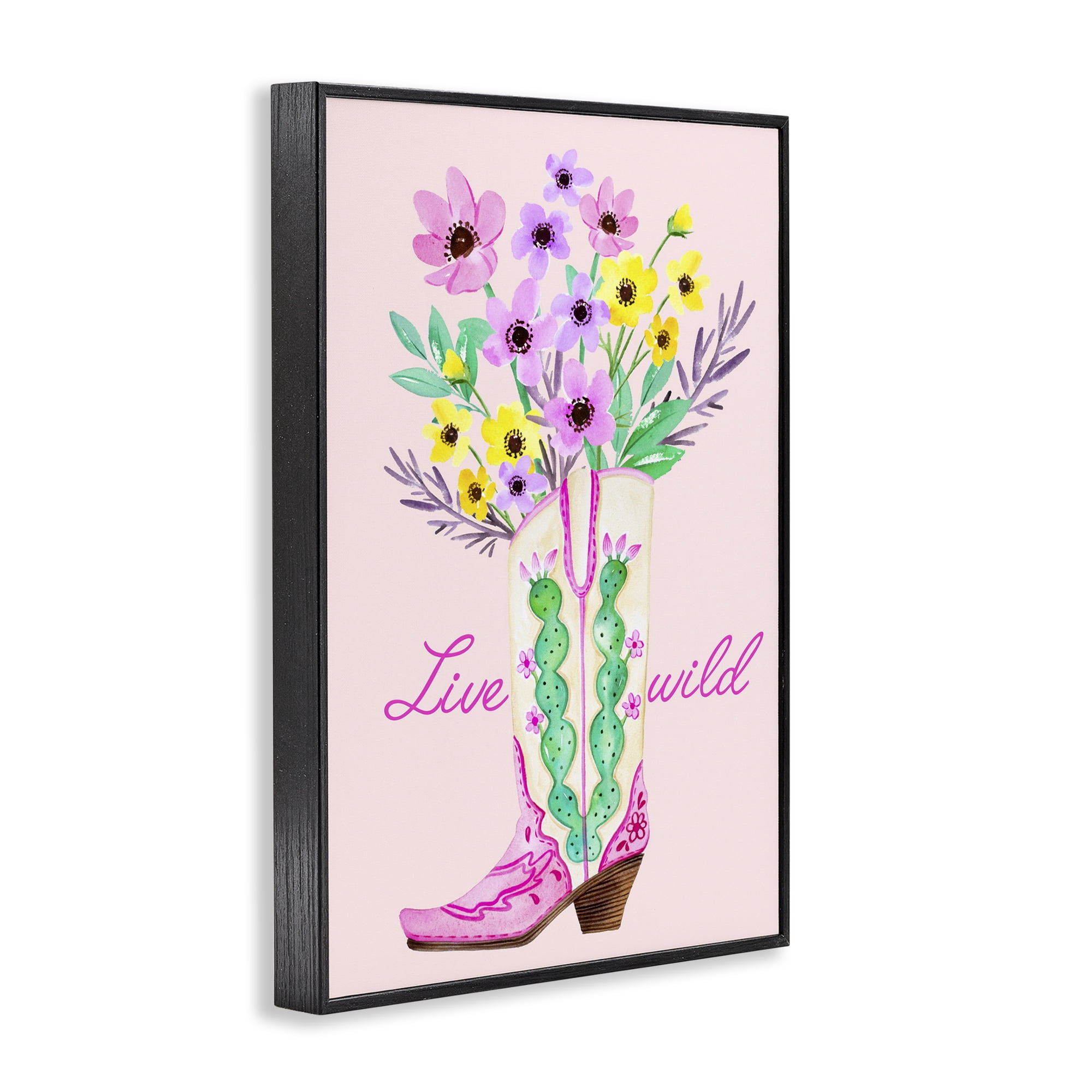 Stupell Industries Live Wild Cowgirl Boot Botanical & Floral Painting Black Framed Art Print Wall Art, 16 x 24