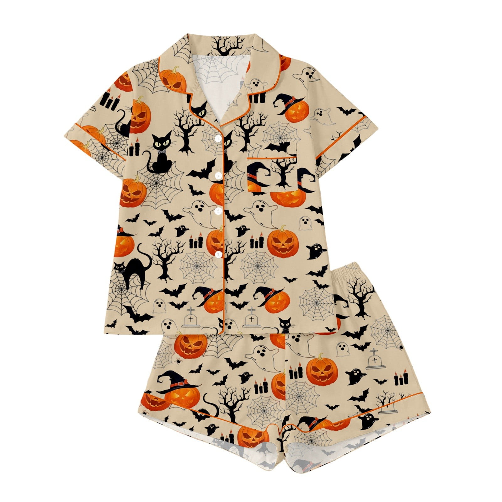 WhouRiu Toddler Boys Halloween Colorable Pajamas Pumpkin Black Cat Print Notch Collar Short Sleeve Top Shorts 2‑Piece Festive Sleepwear Outfits 3-14 Years