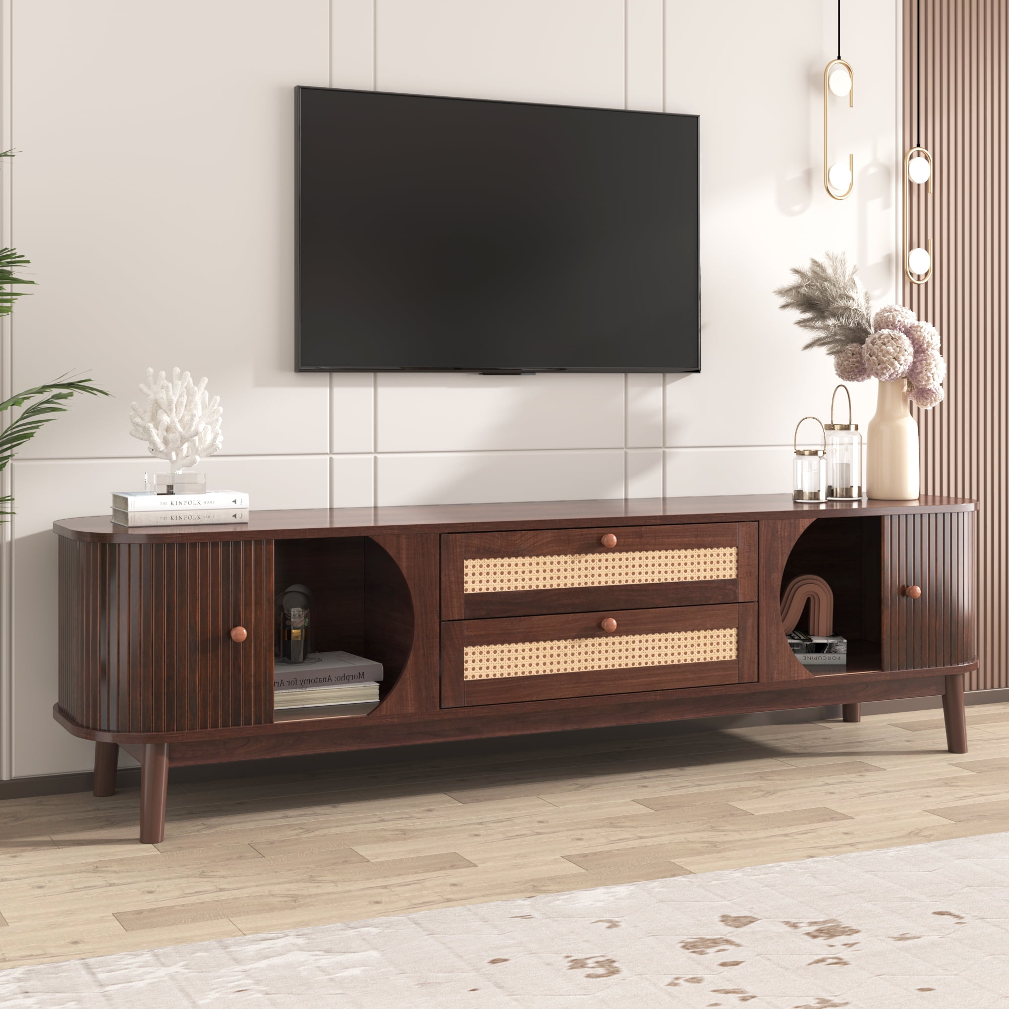 Euroco Rattan TV Stand for TVs up to 75", Modern Entertainment Center with Storage Cabinets, Solid Wood Doors & Cable Management, Mid-Century Media Console for Living Room