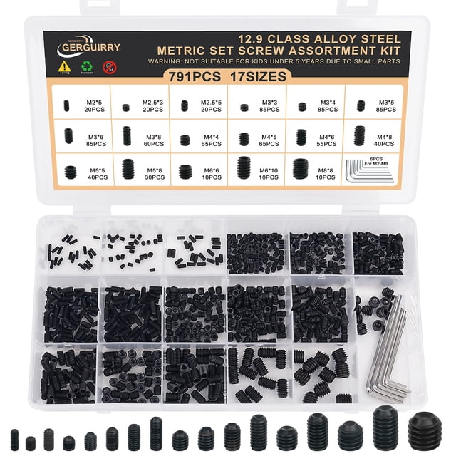 791PCS Set Screws, 17Sizes Metric Set Screw Assortment Kit, M2/2.5/3/4/5/6/8 12.9 Alloy Steel Black