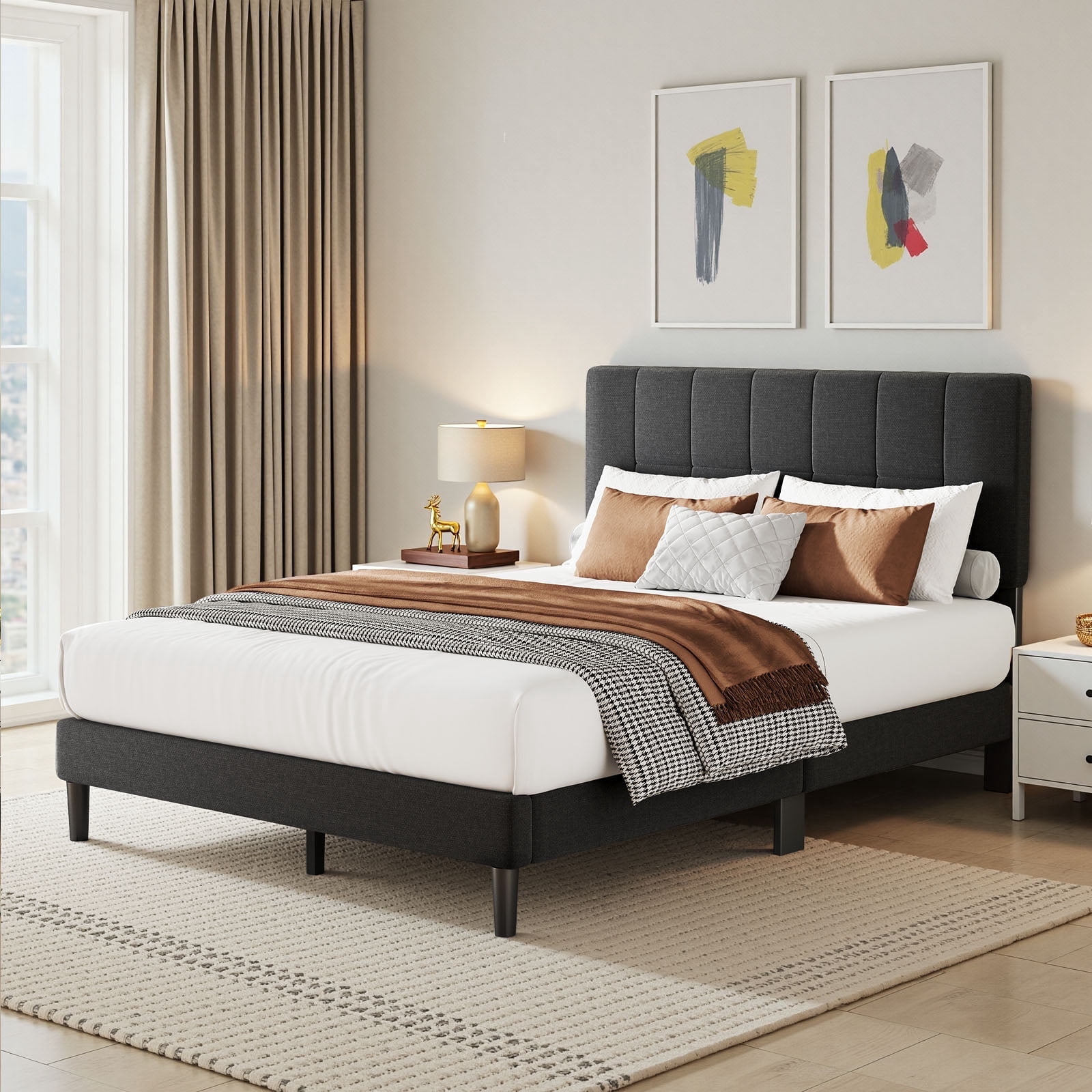 Twin Bed Frame with 12 Thickened Legs, 3-Level Linen Adjustable Upholstered Headboard, Fully Upholstered Mattress Foundation, No Box Spring Needed, Noise-Free, Up to 1300 lbs, Dark Grey