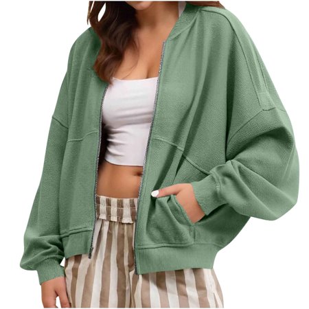 IROINNID Womens Casual Solid Color Zipper Pocket Jacket Long Sleeve Round Neck Sweatshirt Outerwear for Home Daily Wear Comfortable Soft(Green S)