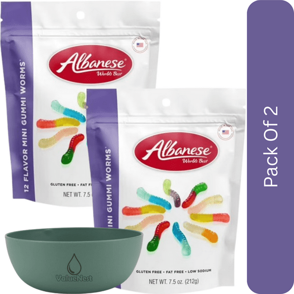 Albanese World’s Best 12 Flavor Gummi Worms, 7.5 oz Regular Size-2pk, With Olive Green Bowl By ValueNest