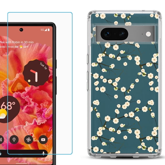 Slim-Fit Gel TPU Phone Case for Google Pixel 7, with Tempered Glass Screen Protector, by OneToughShield ® - Blossom Green