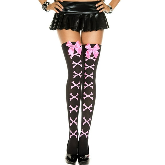 Music Legs Women's Cross Bone and Satin Bow Opaque Thigh Hi - One Size - Black / Pink