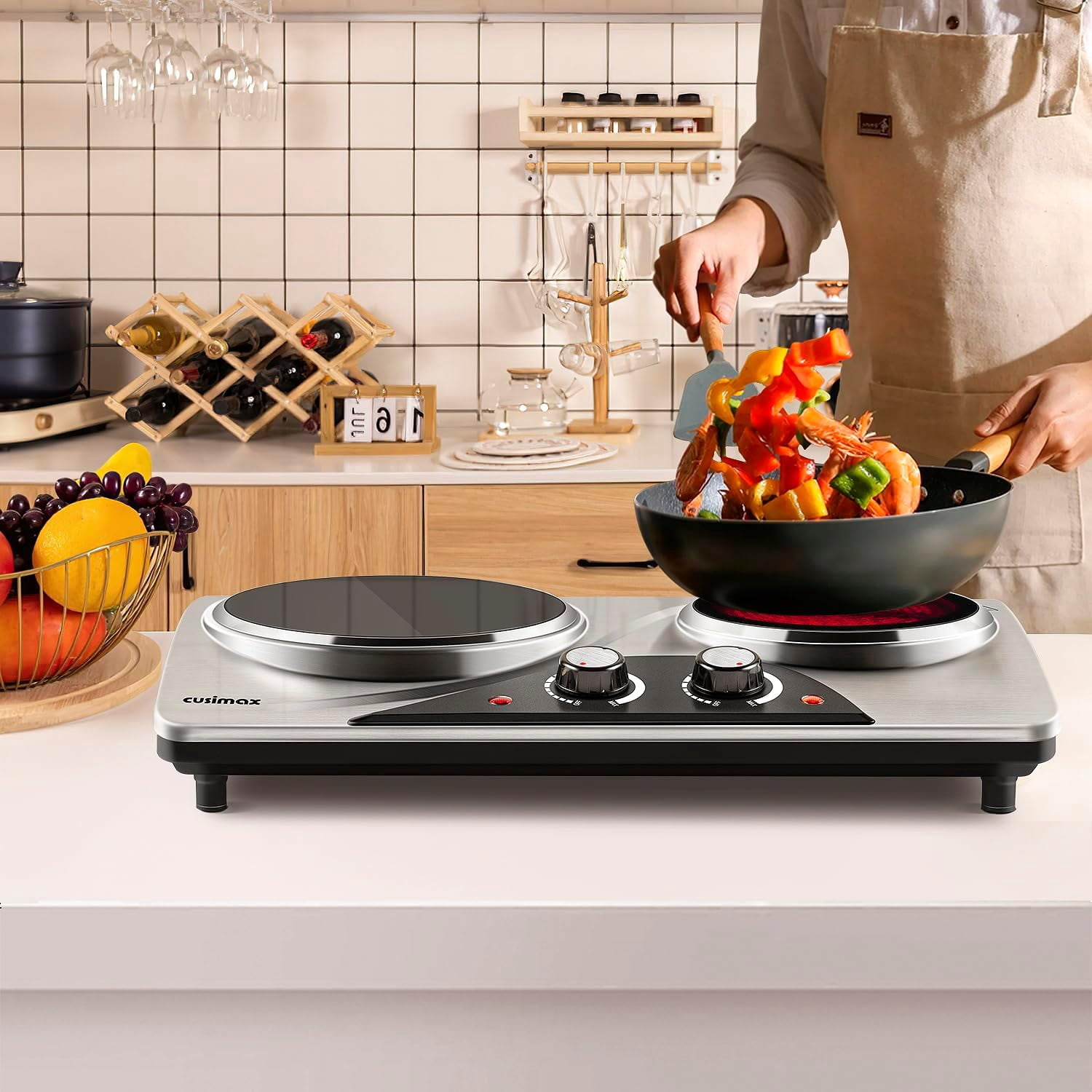 Electric Double Hot Plate, Portable Ceramic Cooktop with Dual Control, 1800W High Power for All Cookware, Silver
