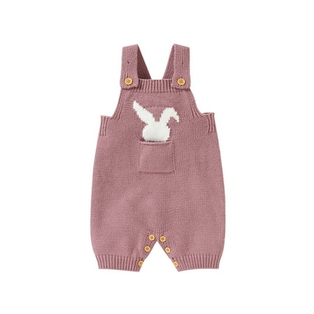 

Arvbitana Baby Girls Boys Easter Knit Overalls Sleeveless Bunny Print Suspender Pants Summer One Piece Jumpsuit with Front Pocket 0-18M
