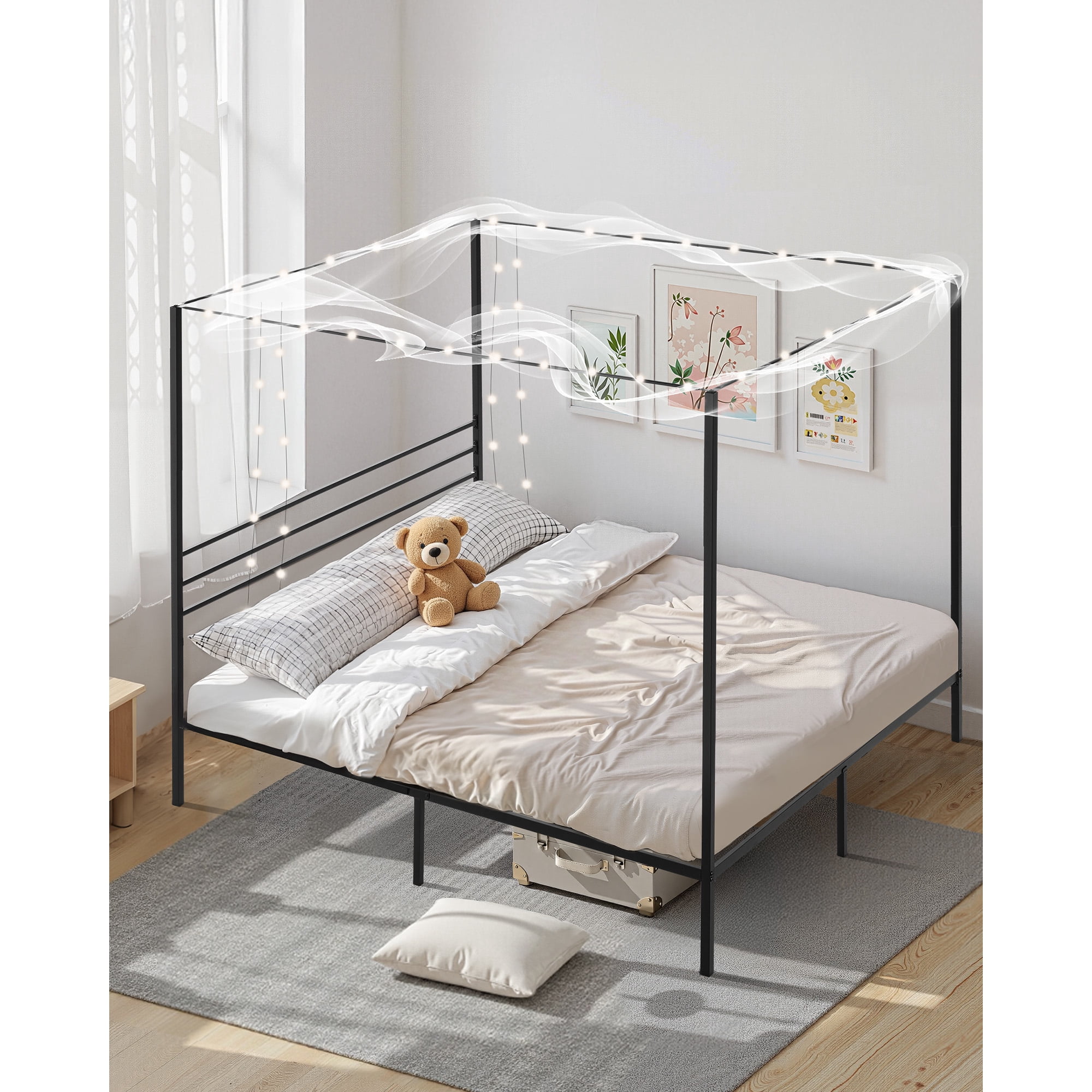 KFFKFF King Size Metal Canopy Bed Frame, Four-Poster Design with Sturdy Steel Slats, Underbed Storage, No Box Spring Required, Simple Assembly, Black